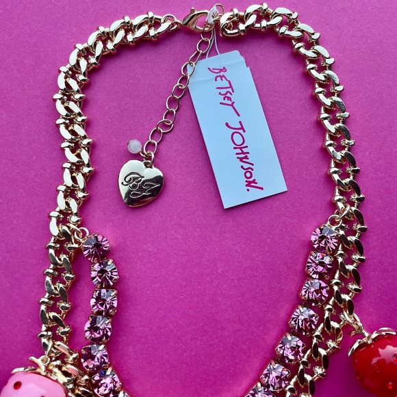 NWT Betsey Johnson Strawberry Necklace- Gold with Black, Red & Pink Strawberries - Picture 5 of 10